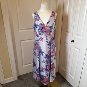 Adrianna Pappell Floral Jacquard Fit & Flare Midi Dress Sz 10 Purple Pink V Neck